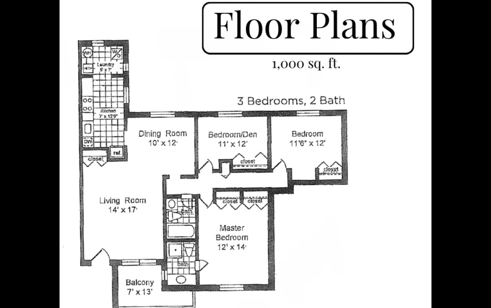 3 Bedroom, 2 Bathroom - 3 bedroom floorplan layout with 2 bathrooms and 950 square feet